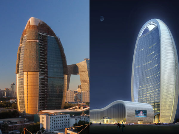 From left: The new People’s Daily headquarters building is under construction in Beijing. Sketch of the building designed by Chinese architect Zhou Qi.