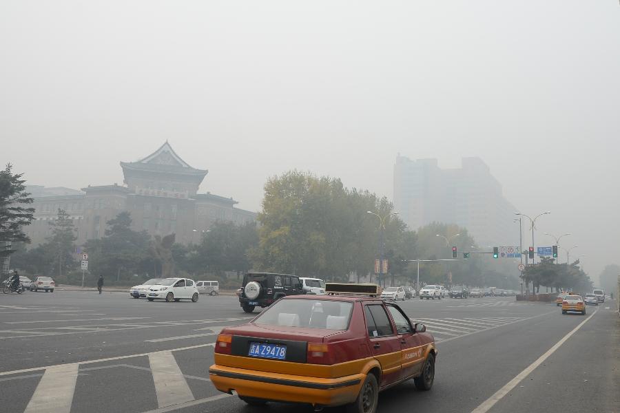 Vehicles run in fog in downtown Changchun, capital of northeast China&apos;s Jilin Province, Oct. 23, 2013. 