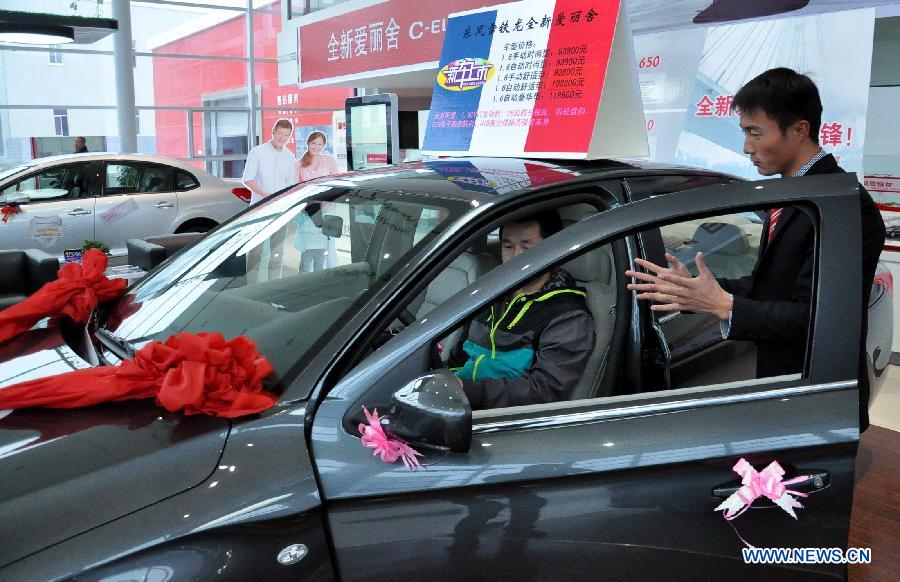 A staff member introduces a car to the consumer in a 4S automobile store of a non-public enterprise, in Baiyin City, northwest China&apos;s Gansu Province, Oct. 31, 2013.