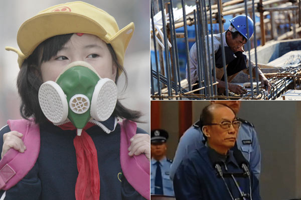 A construction site; battling air pollution; former railways minister Liu Zhijun, who received a suspended death sentence in July for taking bribes and abuse of power. The plenum is likely to tackle problems as wide ranging as healthcare, urbanization, the environment and corruption.