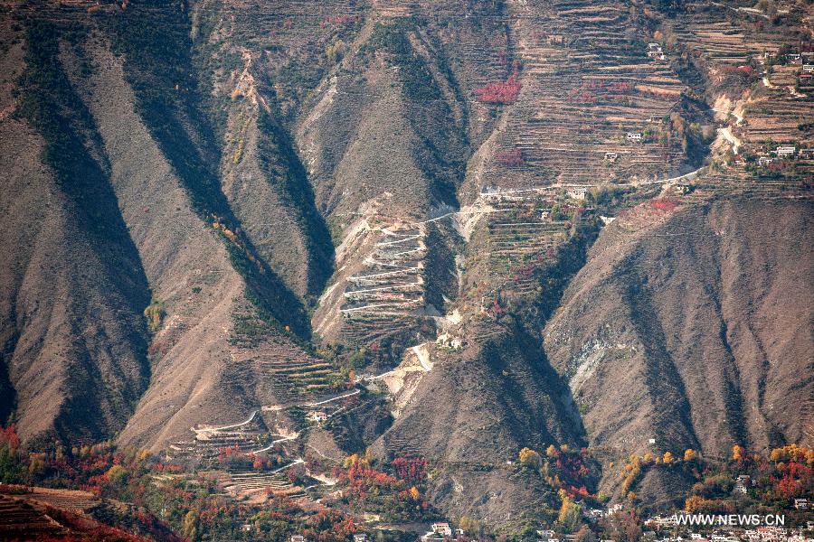 Photo taken on Nov. 3, 2013 shows roads leading to Longhe Village in Jinchuan County, Tibetan and Qiang Autonomous Prefecture of Aba, southwest China&apos;s Sichuan Province. 