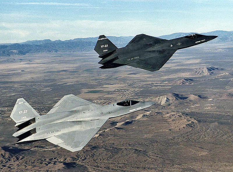 The YF-23 was a single-seat, twin-engine fighter aircraft designed for the U.S. Air Force. Two YF-23 prototypes were built, nicknamed 'Black Widow II' and 'Gray Ghost.' The fighter design lost its government contract to the F-22 Raptor in the 1980s and never entered mass production.