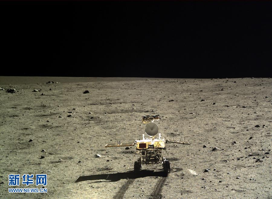 China's first moon rover, Yutu, or Jade Rabbit, continued patrol explorations on the lunar surface after taking photos of the lander for the fifth and final time early on Sunday. [photo / Xinhua]