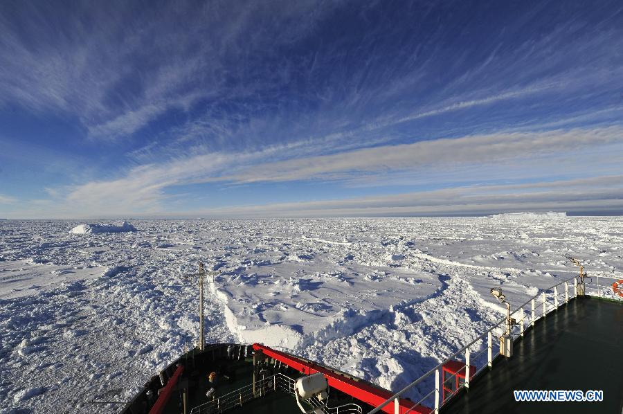The Chinese icebreaker Xuelong, or Snow Dragon, anchors in a sea-ice field off Antarctica, Jan. 3, 2014. Xuelong is blocked by thick ice after successfully transferred passengers aboard stranded Russian science vessel MV Akademik Shokalskiy Thursday.[Photo/Xinhua]
