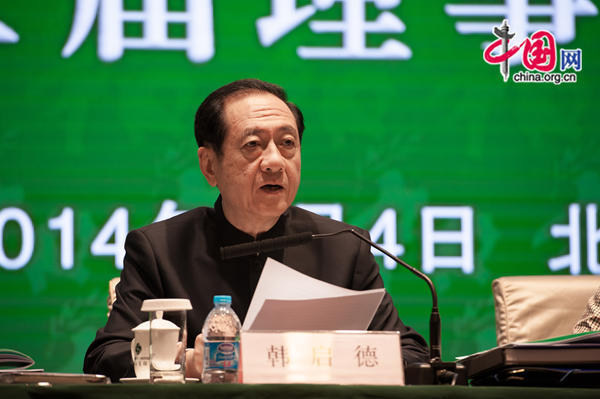 Han Qide, chairman of Jiusan Society, wins the reelection for CPAPD chairman on Friday. [Photo by Chen Boyuan / China.org.cn]