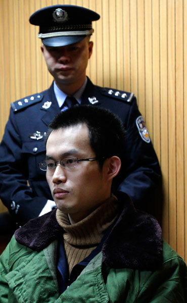 Lin Senhao, who was convicted of intentionally murdering his roommate, Huang Yang, awaits his sentence at Shanghai No 2 Intermediate People’s Court in February. [Photo / Xinhua]