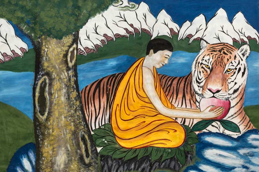 This painting is a typical traditional Tibetan Thangka, with some added elements. It depicts a harmonious and natural scene at the foot of a beautiful snow mountain with a monk feeding a gentle tiger water.