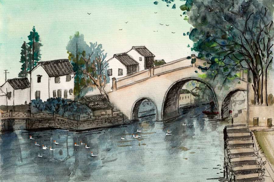 I have painted the scene of my hometown by a canal, to depict how we live by and protect the River Yangtze. In all aspects of our life we are careful to ensure that its waters are clean, and that they flow all year round for the benefit of this city's people. 