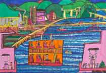 In this painting the young artist has created a cable-car ride that takes passengers across a pleasant river scene. It is particularly special in that the cable-car is eco-friendly; it doesn't emit any oil or gas into the surrounding environment.