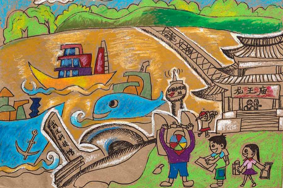 In this painting our primary school has built an Environmental Monitoring Station by the temple. With the latest developments in technology, representatives from the station have designed a new energy saving and environment protecting boat.