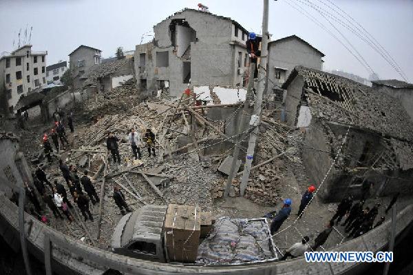 Photo taken on Nov. 22, 2014 shows the site where a blast occurred at Dayongqiao community of Yongding District, in Zhangjiajie City of central China's Hunan Province. [Photo: Xinhua]