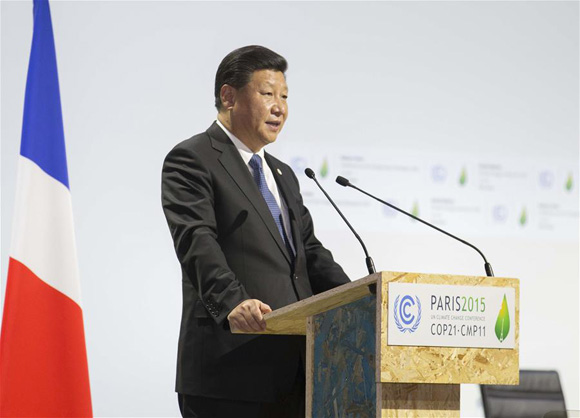Chinese President Xi Jinping delivers a speech at the opening ceremony of the United Nations (UN) climate change conference in Paris, France, Nov. 30, 2015. [Photo/Xinhua]