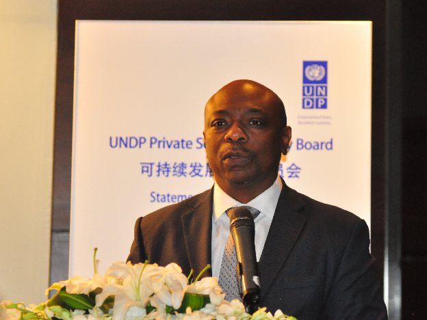 Alain Noudehou, UN resident coordinator and UNDP resident representative in China, speaks at the launch of the UNDP China Private Sector Advisory Board on Jan. 12, 2016. [Photo by Guo Yiming / China.org.cn]