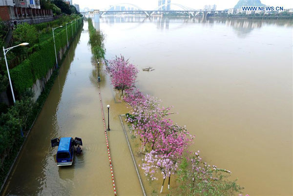 A vehicle is trapped on a flooded road along the Liujiang River in Liuzhou, South China's Guangxi Zhuang Autonomous Region. 