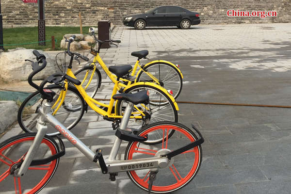 A Mobike is parked next to two Ofo bikes. [Photo by Guo Yiming / China.org.cn]