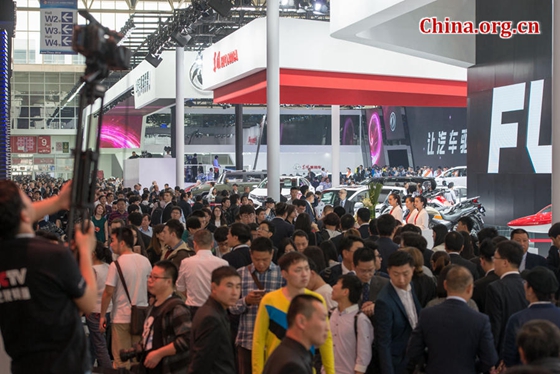 The photo shows the 2016 Beijing International Automotive Exhibition, opened on April 25, 2016. [Photo by Chen Boyuan / China.org.cn]