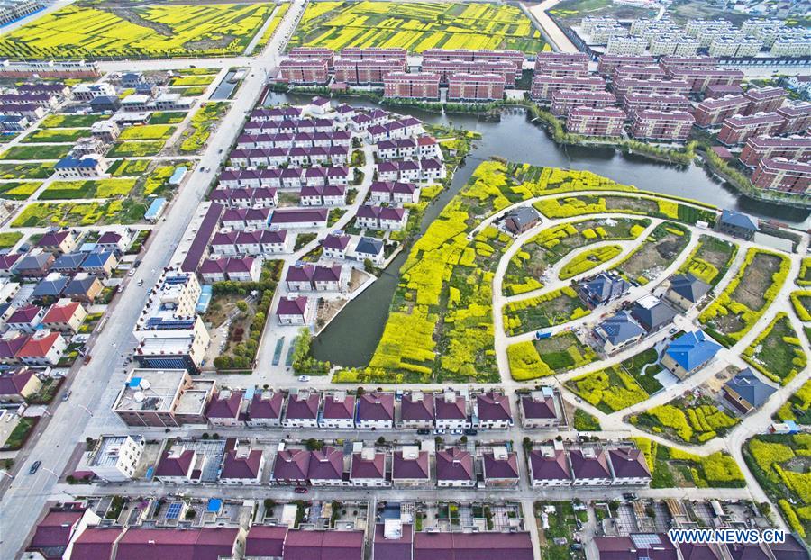 Aerial photo taken on April 3, 2017 shows spring scenery of the countryside in Xinba Town of Yangzhong City, east China's Jiangsu Province. (Xinhua/Chen Gang) 