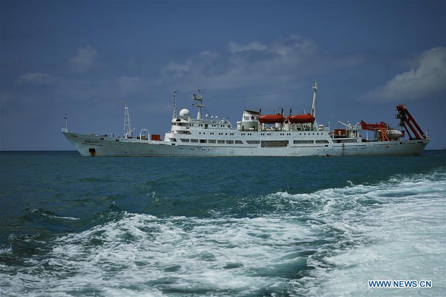 &apos;Xiangyanghong 09&apos;, carrier of China&apos;s manned deep-sea submersible Jiaolong, is seen in Sanya, south China&apos;s Hainan Province, April 8, 2017. The crew of China&apos;s 38th ocean scientific expedition returned to Sanya, Hainan Province, south China, Wednesday. The 59-day trip marks the conclusion of the first stage of a 124-day mission. [Photo/Xinhua]