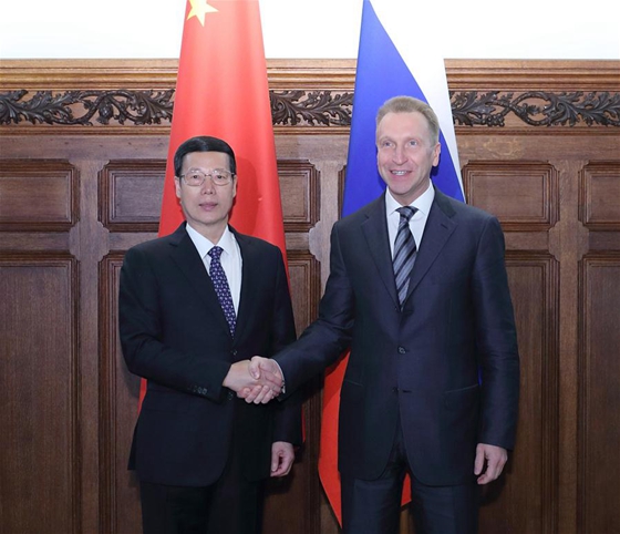 Chinese Vice Premier Zhang Gaoli (L) and Russian First Deputy Prime Minister Igor Shuvalov shake hands during the fourth meeting of the China-Russia Investment Cooperation Committee in Moscow, Russia, April 12, 2017. [Photo/Xinhua]