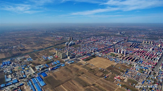 Aerial photo taken on April 1, 2017 shows Xiongxian County, north China's Hebei Province. [Photo/Xinhua]