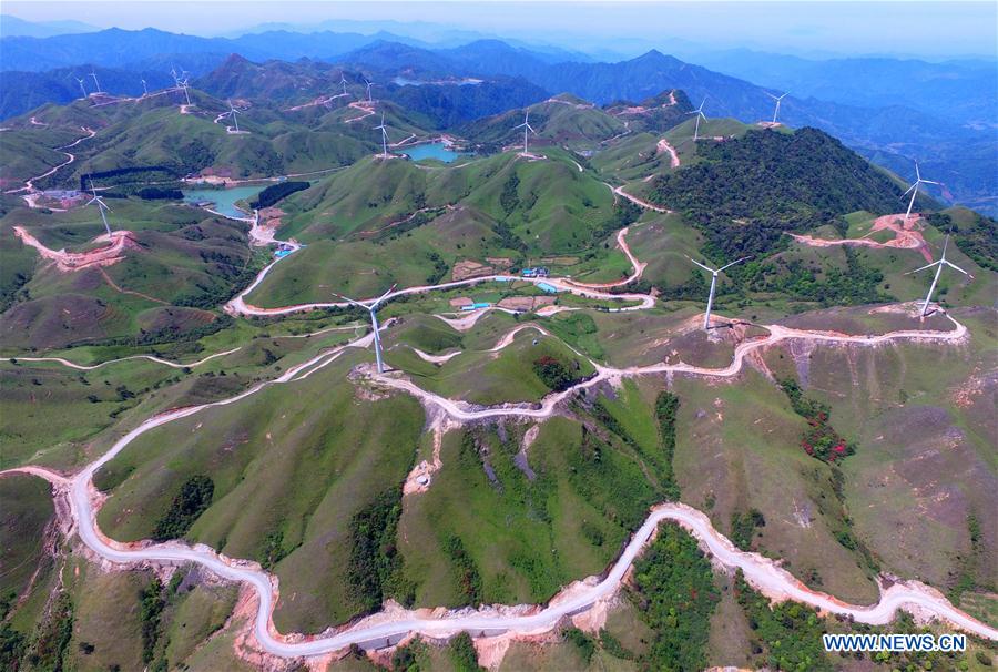 Wind power farms seen on Nanshan Mountain in China's Guangxi