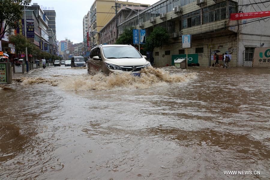 Cars move on a flooded street in Weining County, southwest China's Guizhou Province, June 11, 2017. Heavy rain hit Guizhou since Sunday.(Xinhua/He Huan) 